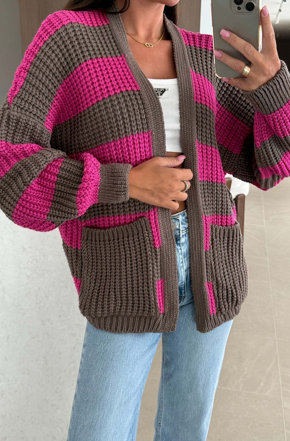 Norina Striped Pocket Detail Cardigan-Dark Pink