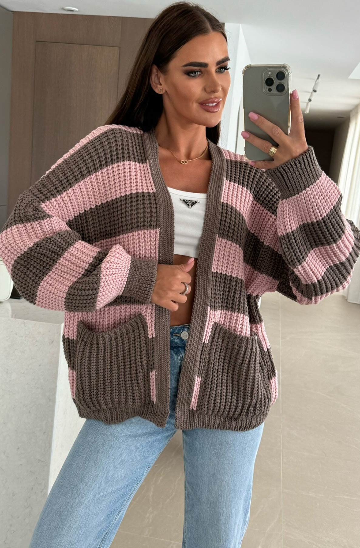 Norina Striped Pocket Detail Cardigan-Pink