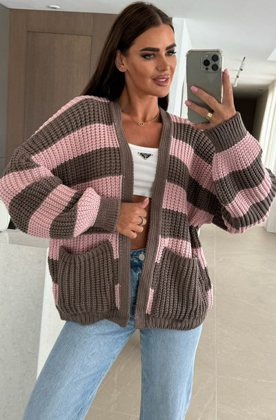 Norina Striped Pocket Detail Cardigan-Pink
