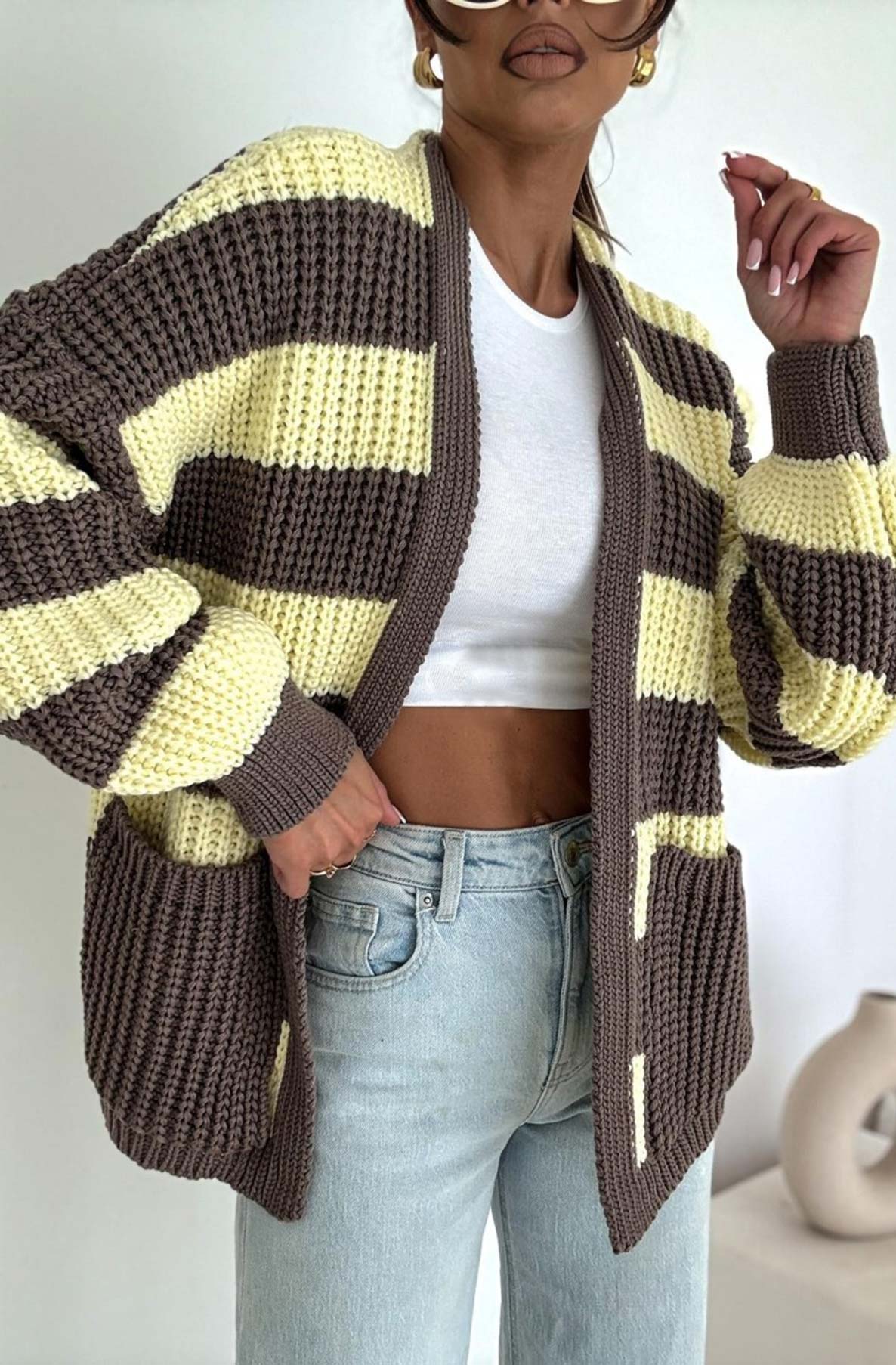 Norina Striped Pocket Detail Cardigan-Yellow