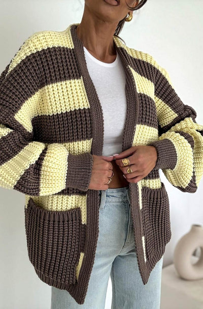 Norina Striped Pocket Detail Cardigan-Yellow
