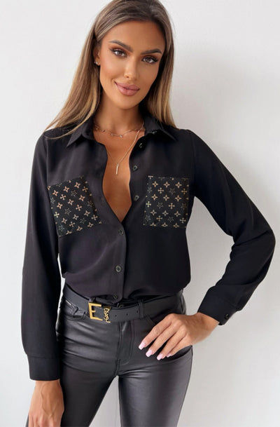 Oksana 'LV' Inspired Pocket Detail Blouse Shirt Top-Black