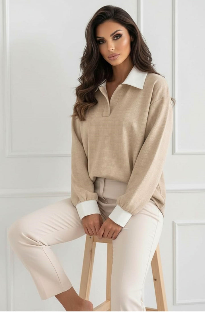 Orelia Oversized Contrast Check Blouse Top-Stone