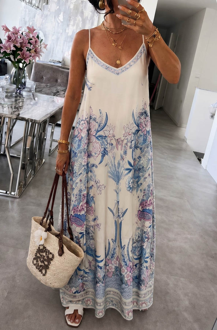 Oriana Satin Floral V-Neck Cami Maxi Dress