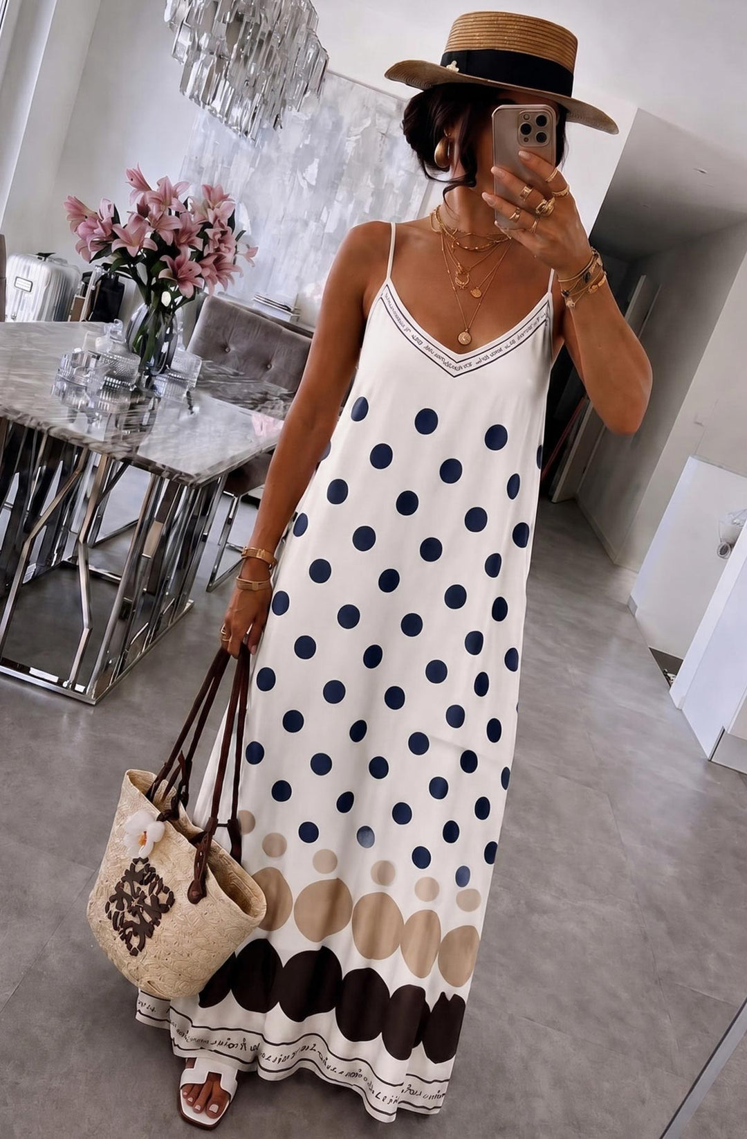 Oriana Satin Polka Dot V-Neck Cami Maxi Dress