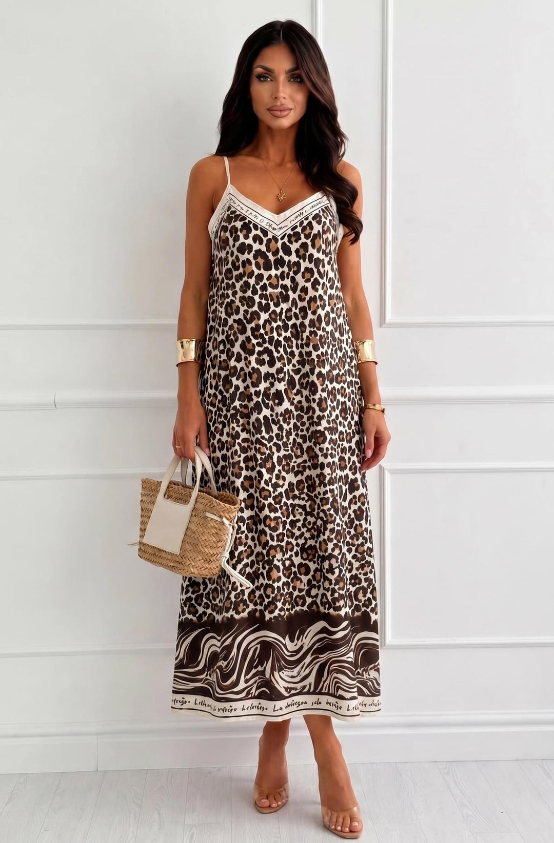 Oriana Satin Leopard Animal Print V-Neck Cami Maxi Dress