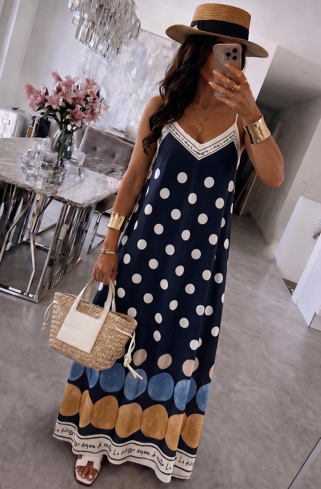 Oriana Satin Polka Dot V-Neck Cami Maxi Dress
