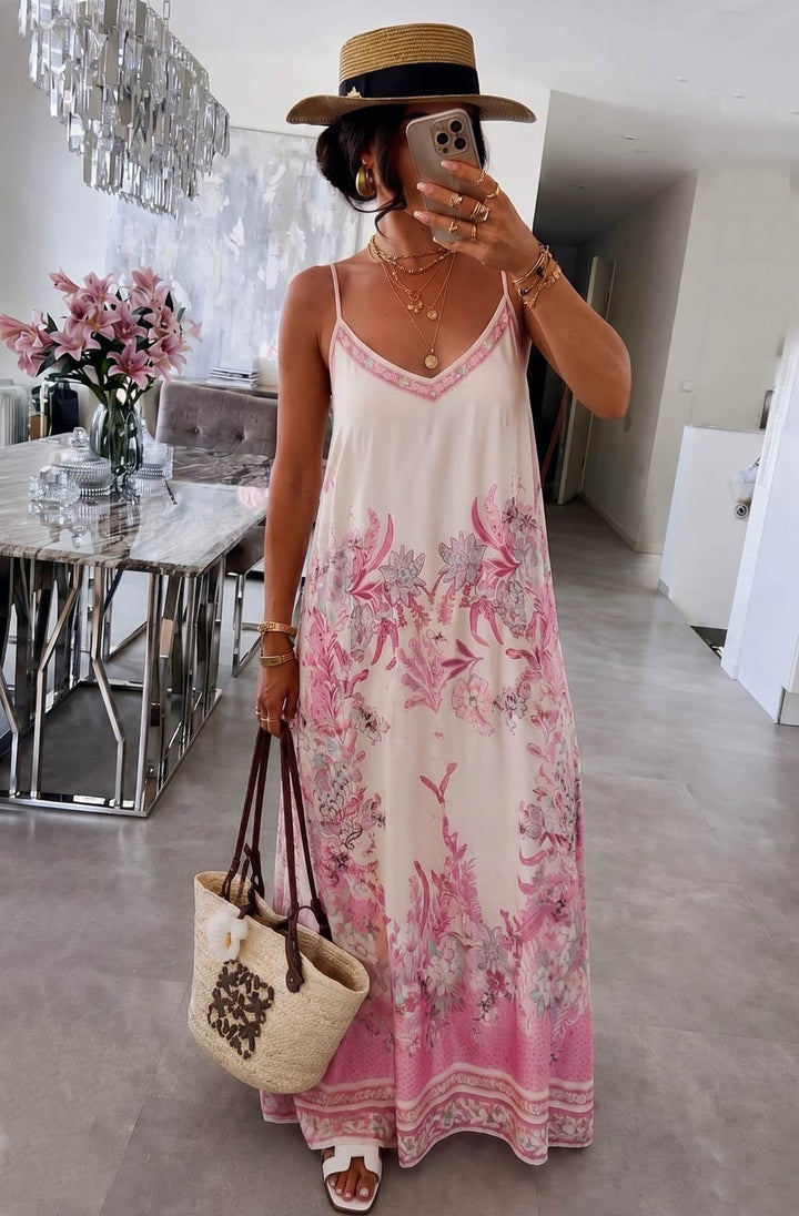 Oriana Satin Floral V-Neck Cami Maxi Dress