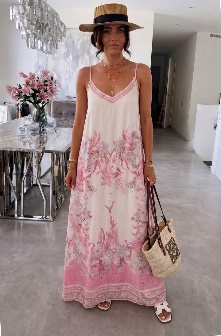 Oriana Satin Floral V-Neck Cami Maxi Dress