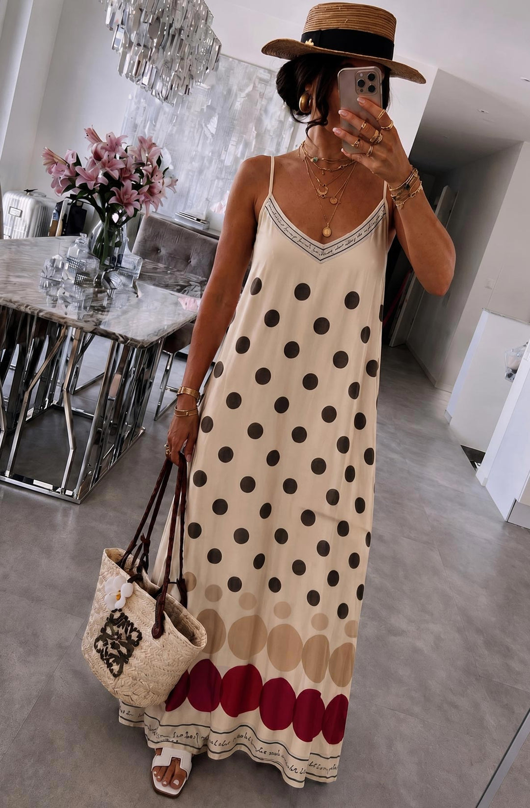 Oriana Satin Polka Dot V-Neck Cami Maxi Dress