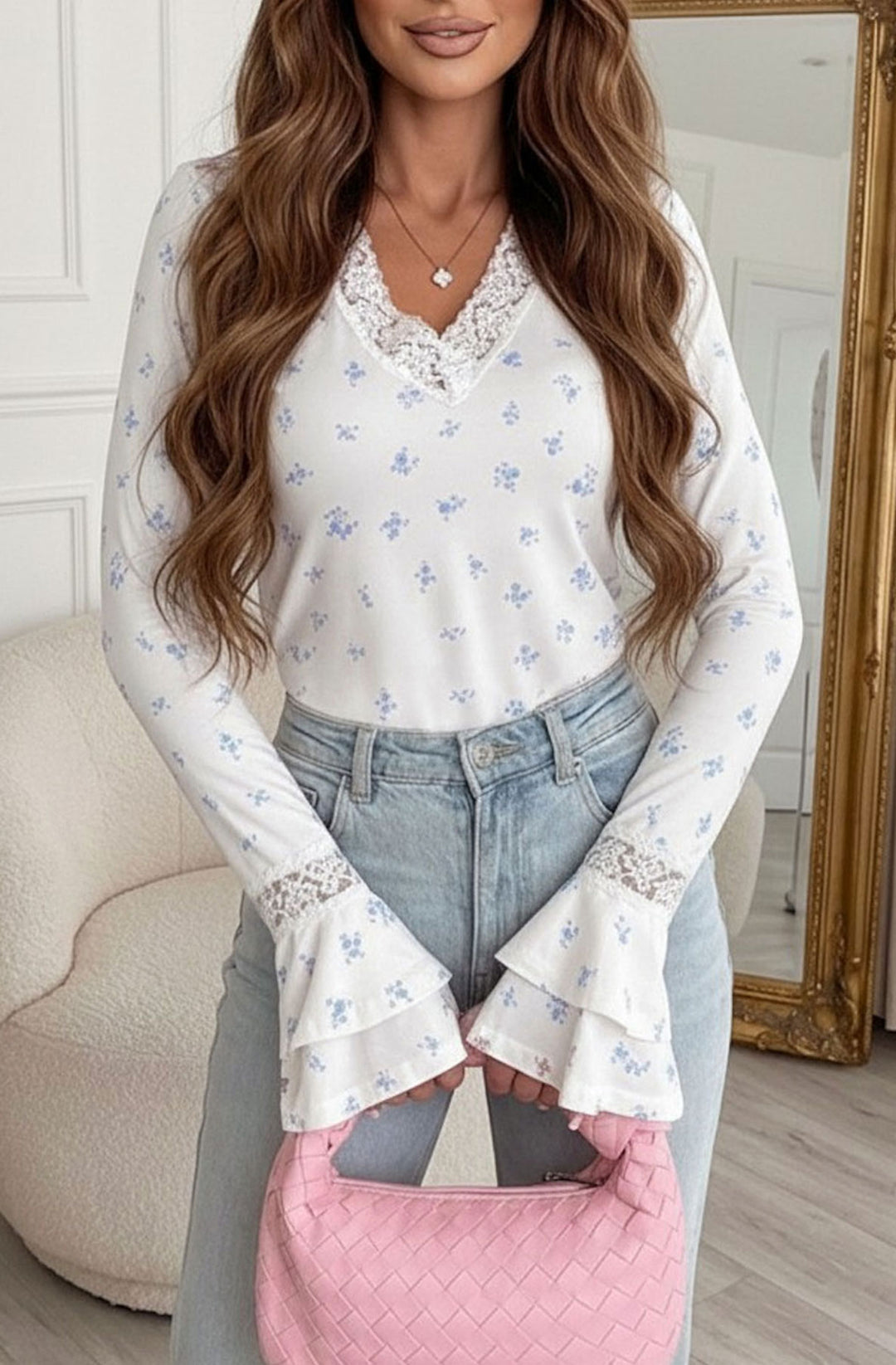 Paloma Floral Print Lace V-Neck Double Cuff Frill Blouse Top
