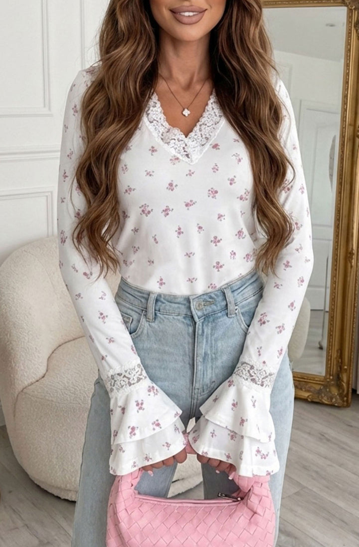 Paloma Floral Print Lace V-Neck Double Cuff Frill Blouse Top