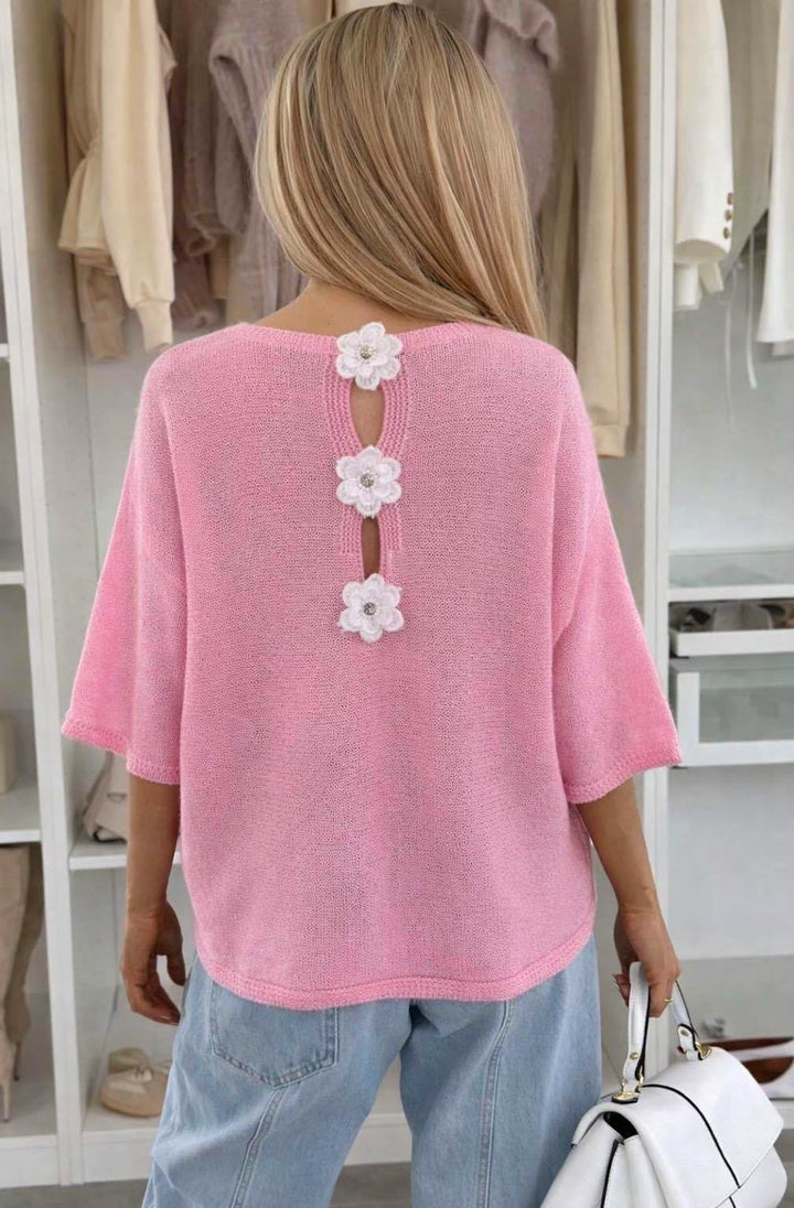 Phoebe Floral Appliqué Lightweight Open-Knit Fabric Knitted Jumper - Baby Pink