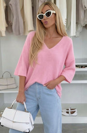 Phoebe Floral Appliqué Lightweight Open-Knit Fabric Knitted Jumper-Baby Pink