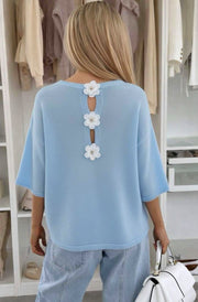 Phoebe Floral Appliqué Lightweight Open-Knit Fabric Knitted Jumper-Blue