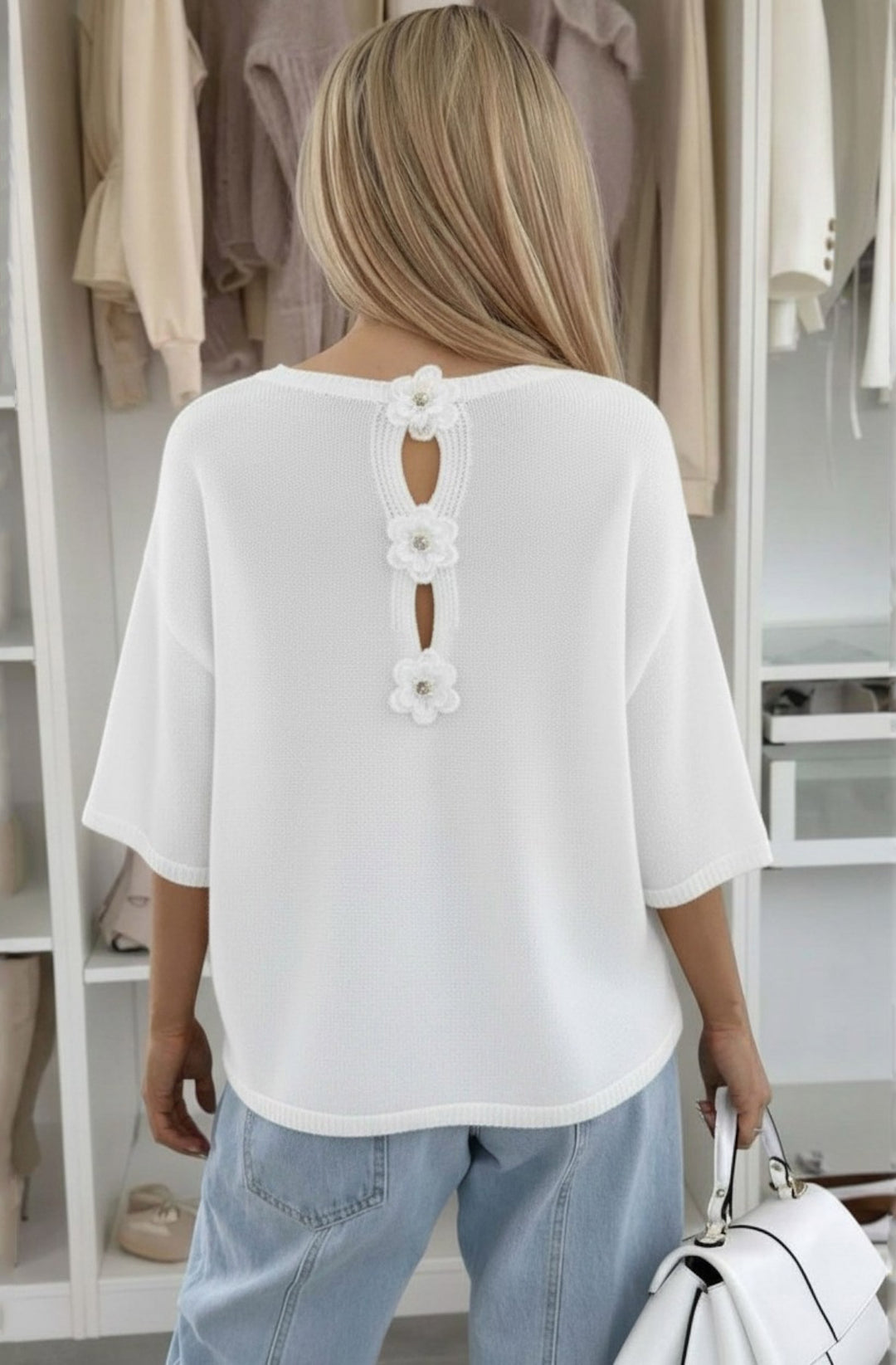 Phoebe Floral Appliqué Lightweight Open-Knit Fabric Knitted Jumper - Ivory