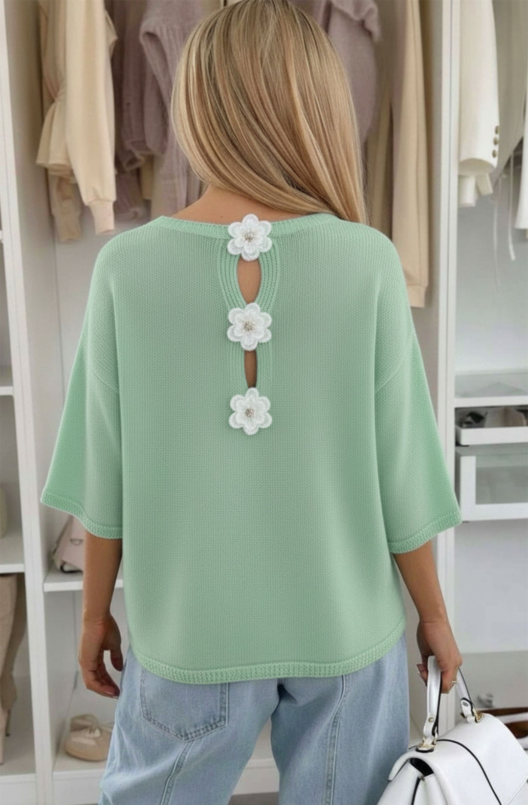 Phoebe Floral Appliqué Lightweight Open-Knit Fabric Knitted Jumper - Sage