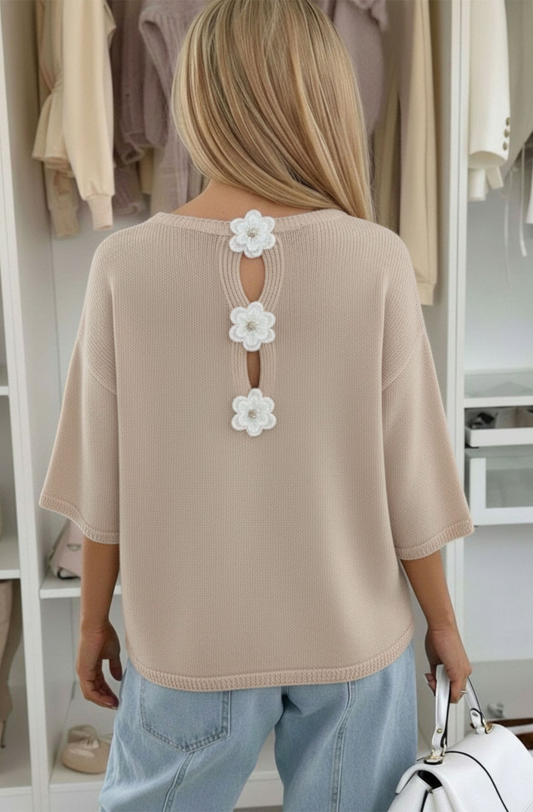 Phoebe Floral Appliqué Lightweight Open-Knit Fabric Knitted Jumper - Stone