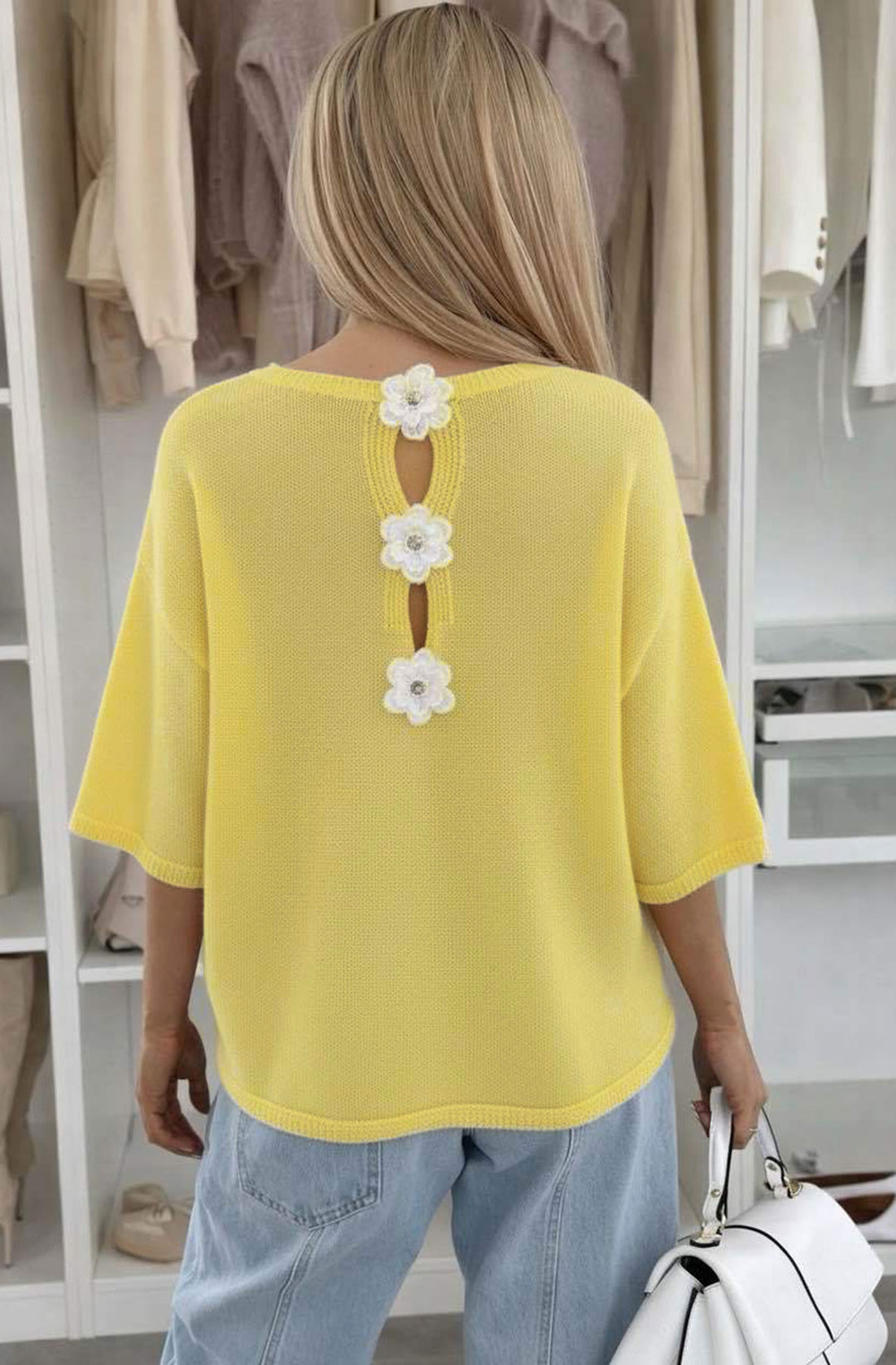 Phoebe Floral Appliqué Lightweight Open-Knit Fabric Knitted Jumper - Yellow
