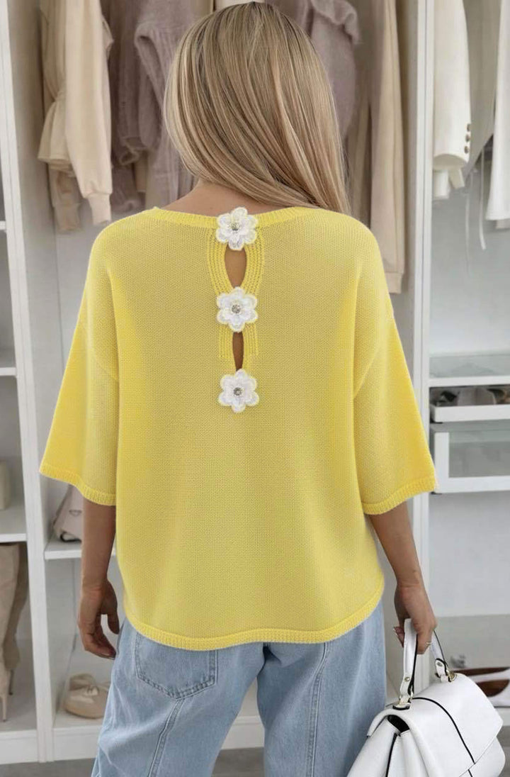 Phoebe Floral Appliqué Lightweight Open-Knit Fabric Knitted Jumper - Yellow