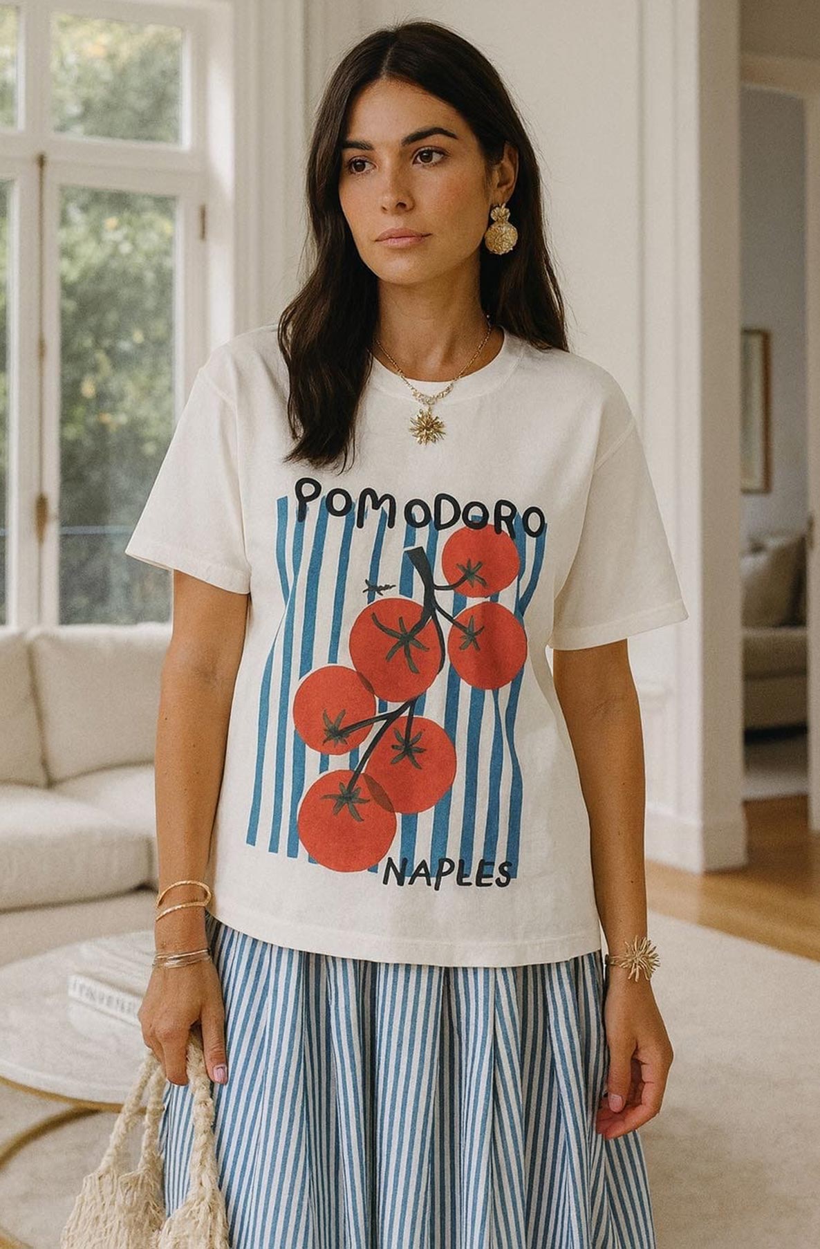 'Pomodoro Naples' Graphic Printed T-Shirt Top-Ivory