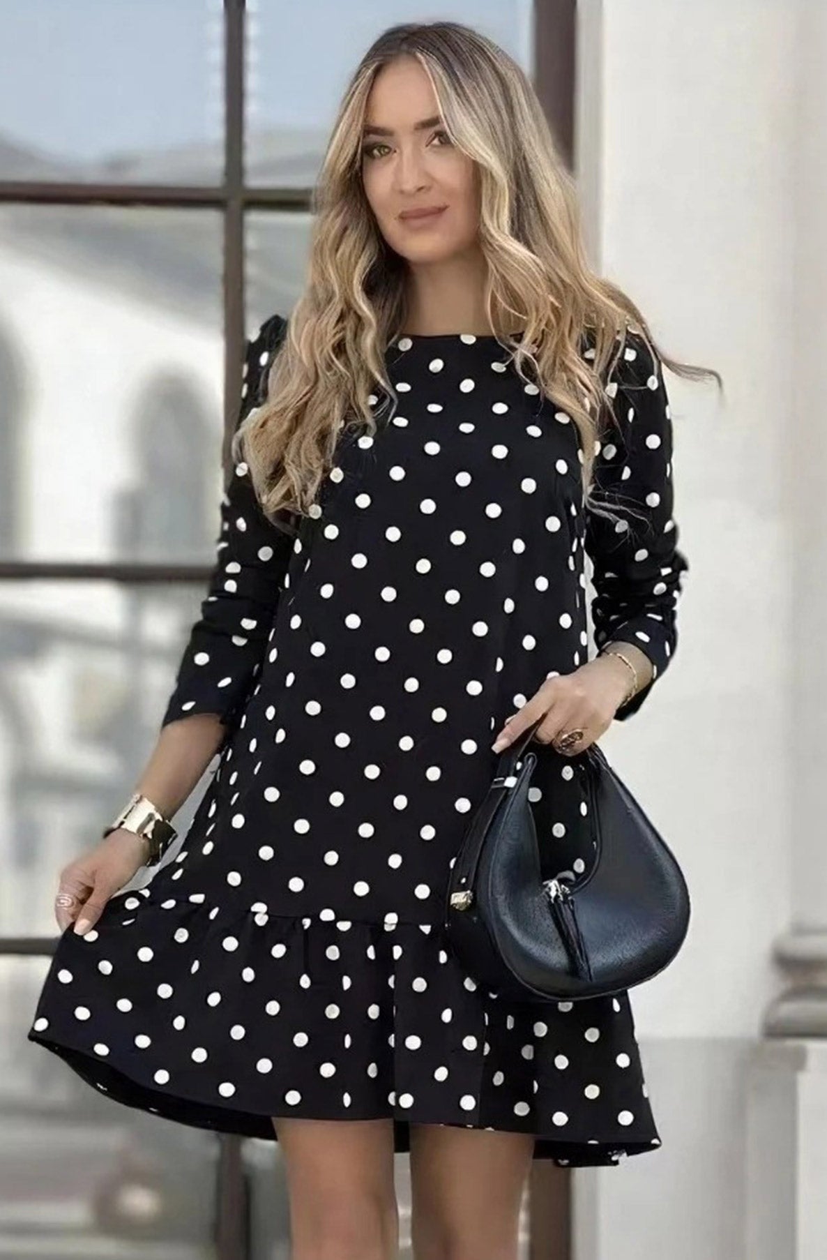 Poppy Frill Polka Dots Dress-Black