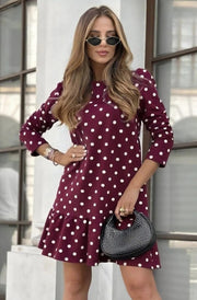 Poppy Frill Polka Dots Dress-Wine