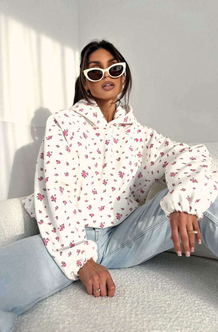 Posy Floral Print Hooded Lightweight Sweatshirt Jumper -Ivory