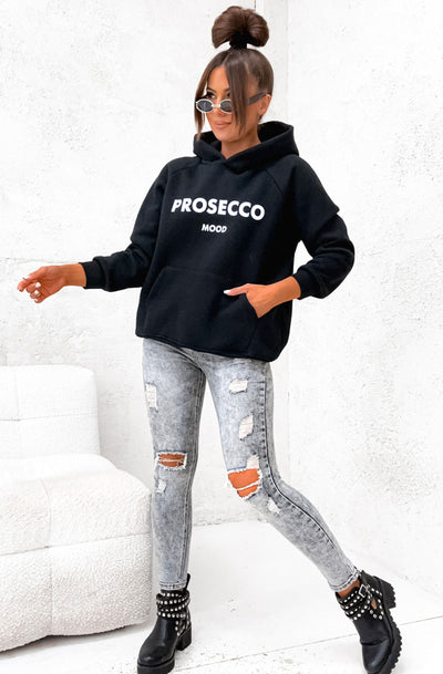 'Prosecco Mood' Oversized Hooded Sweatshirt Top-Black