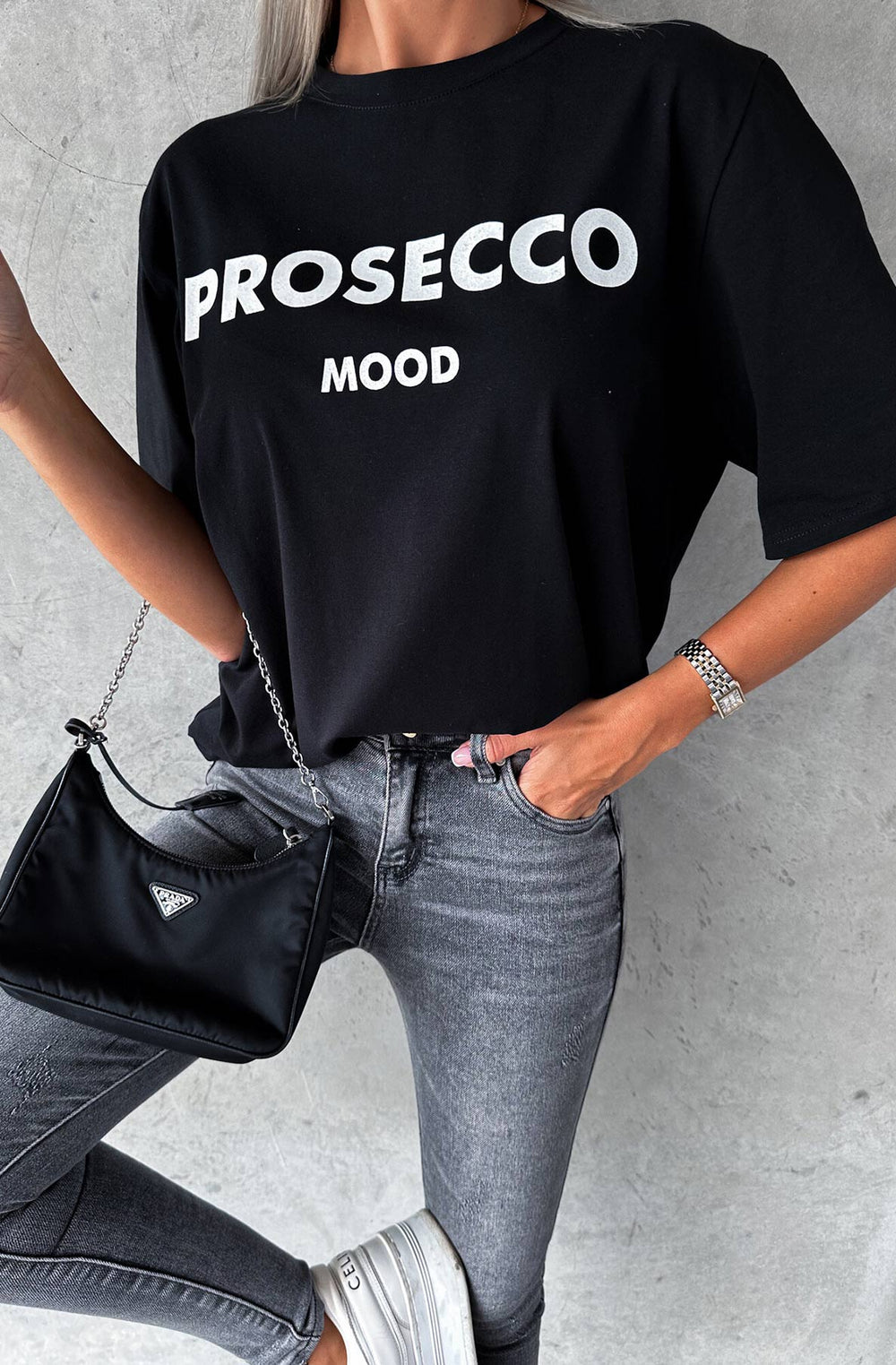 'Prosecco Mood' Graphic Printed T-Shirt Top - Black