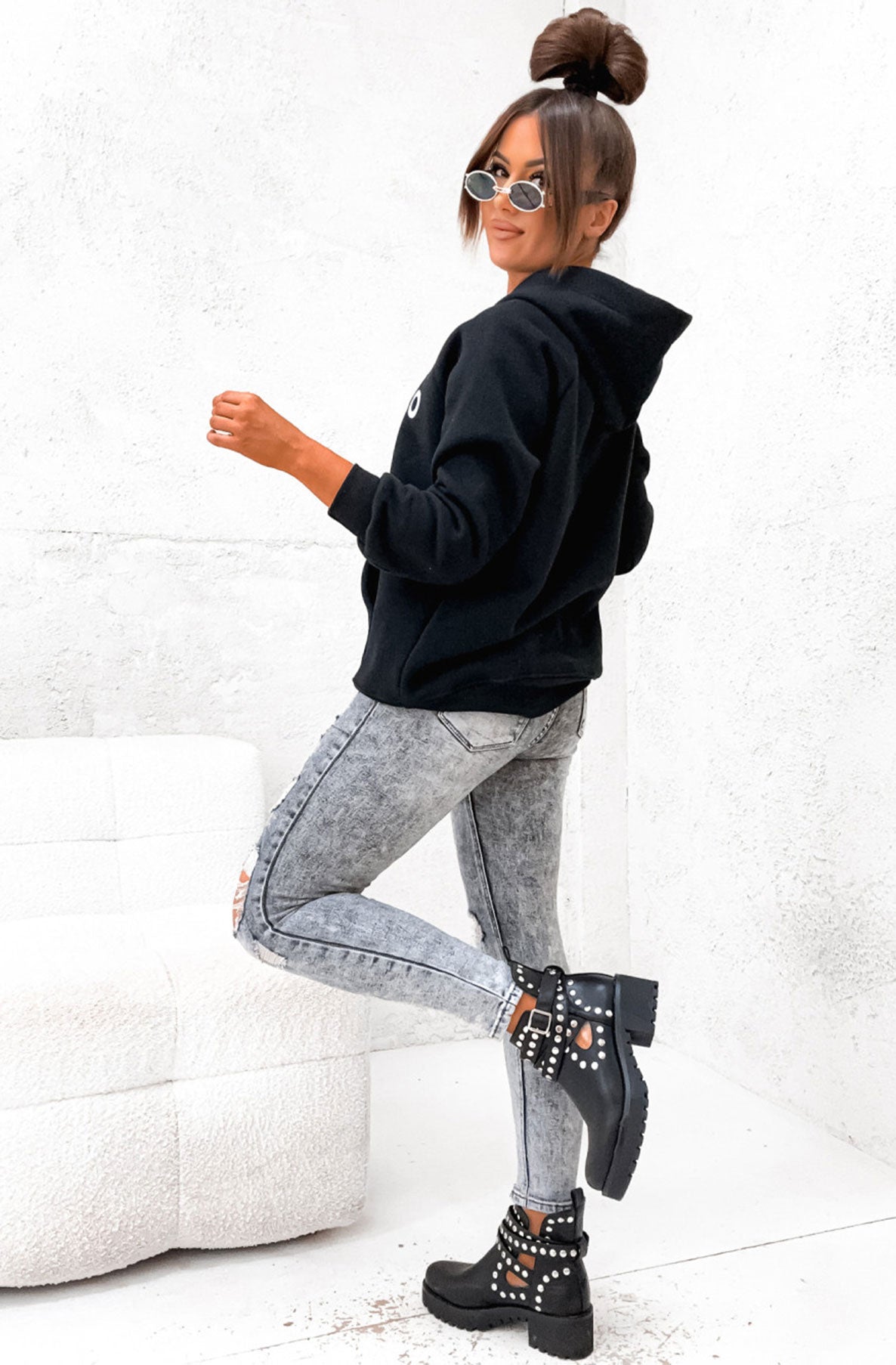 'Prosecco Mood' Oversized Hooded Sweatshirt Top-Black