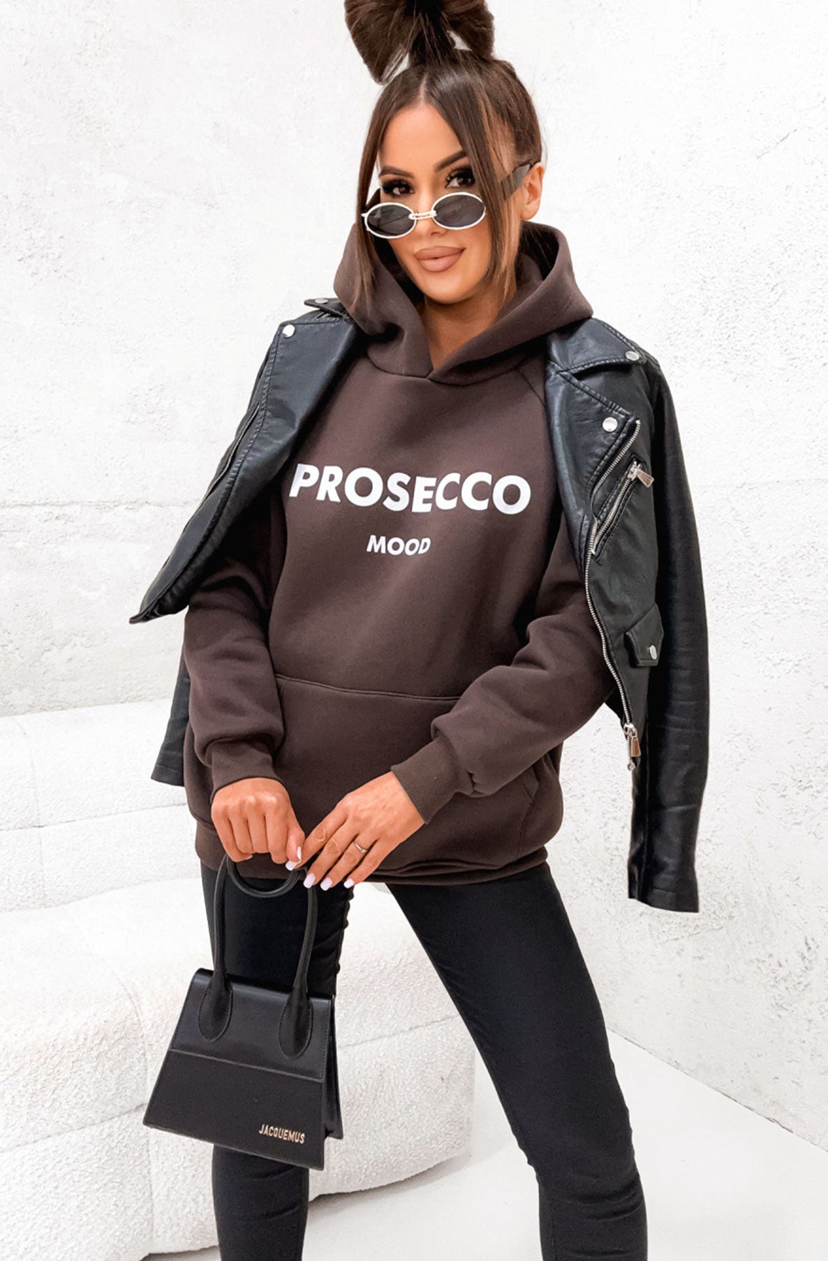 'Prosecco Mood' Oversized Hooded Sweatshirt Top-Brown