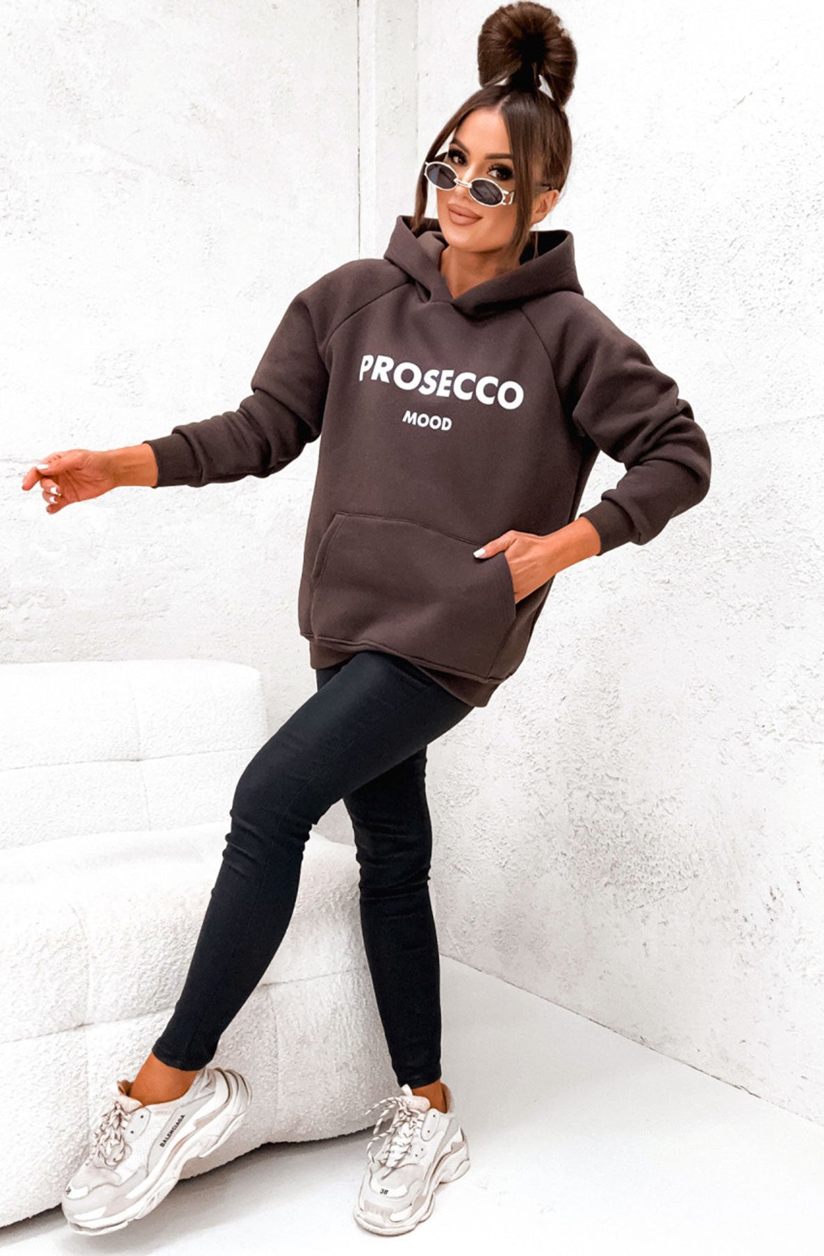 'Prosecco Mood' Oversized Hooded Sweatshirt Top-Brown