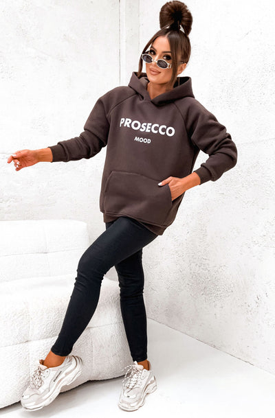 'Prosecco Mood' Oversized Hooded Sweatshirt Top-Brown