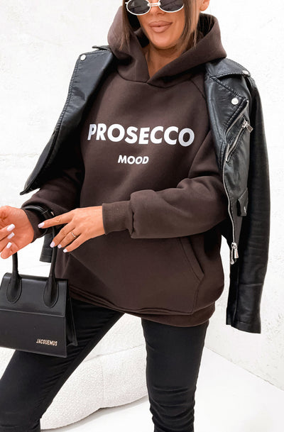 'Prosecco Mood' Oversized Hooded Sweatshirt Top-Brown