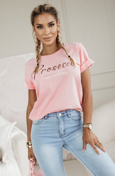 'Prosecco Per Favore' Graphic Printed T-Shirt Top-Dusty Pink