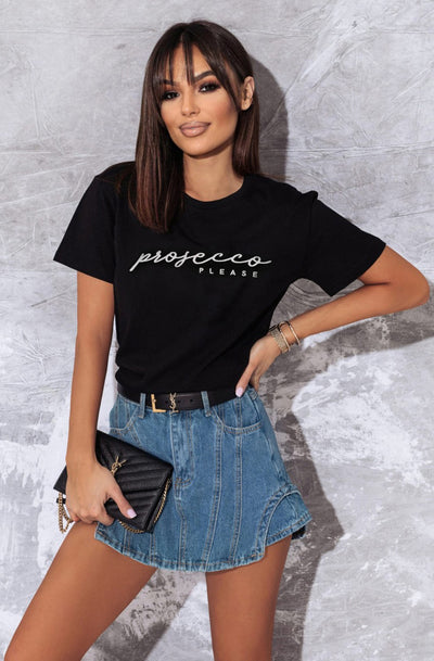 'Prosecco Please' Graphic Printed T. Shirt Top-Black