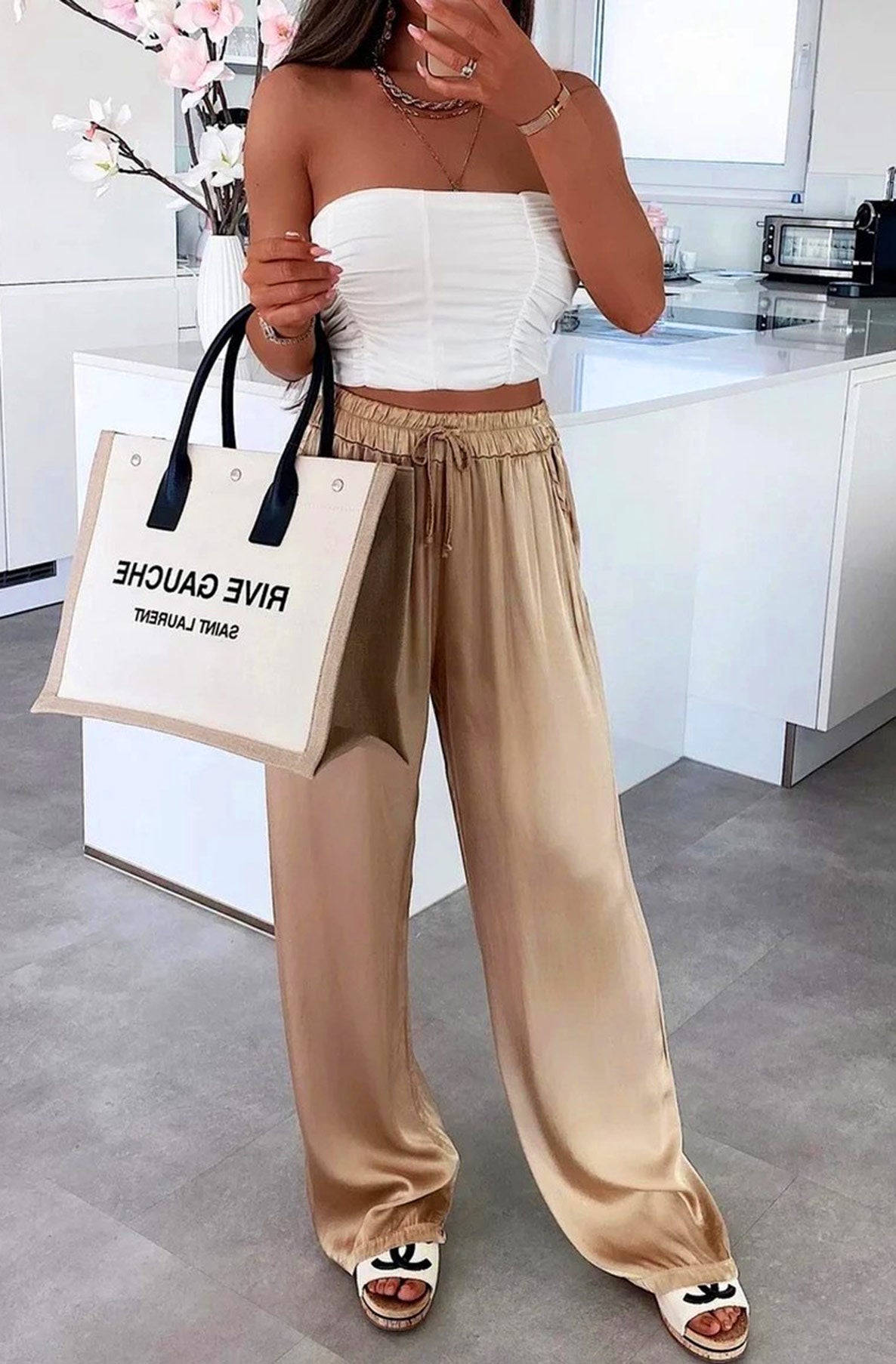Raina Satin Wide Leg Pocket Detail Trousers-Gold