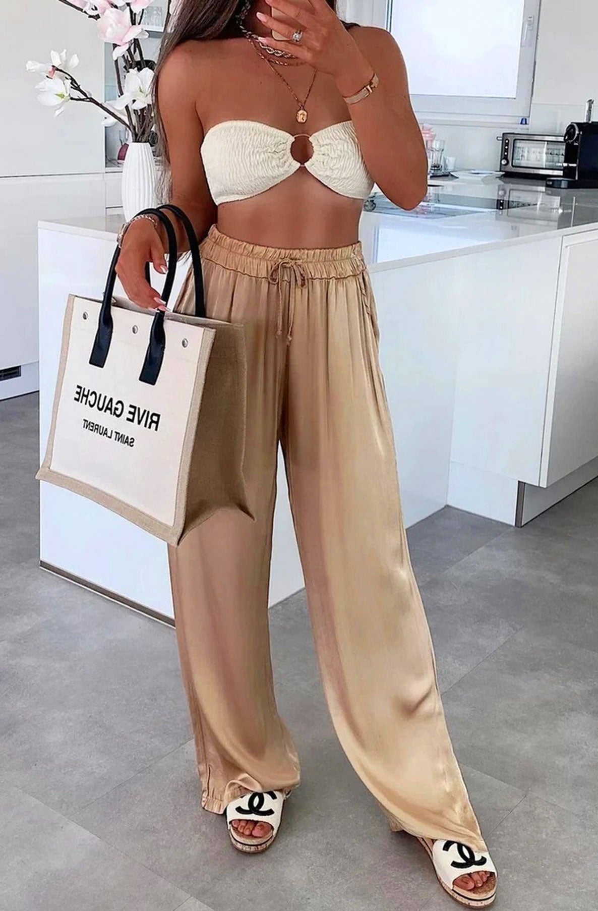 Raina Satin Wide Leg Pocket Detail Trousers-Gold