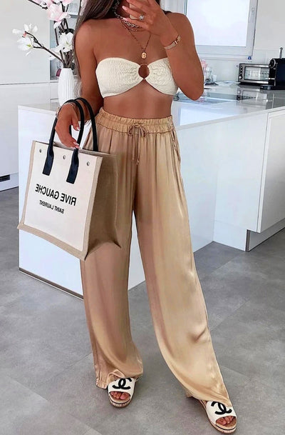 Raina Satin Wide Leg Pocket Detail Trousers-Gold