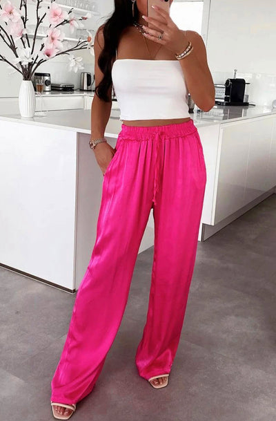 Raina Satin Wide Leg Pocket Detail Trousers-Hot Pink