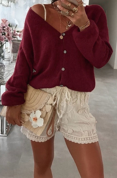 Rebecca Long Sleeves Light Knitted Cardigan-Wine