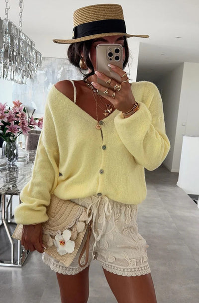 Rebecca Long Sleeves Light Knitted Cardigan-Yellow