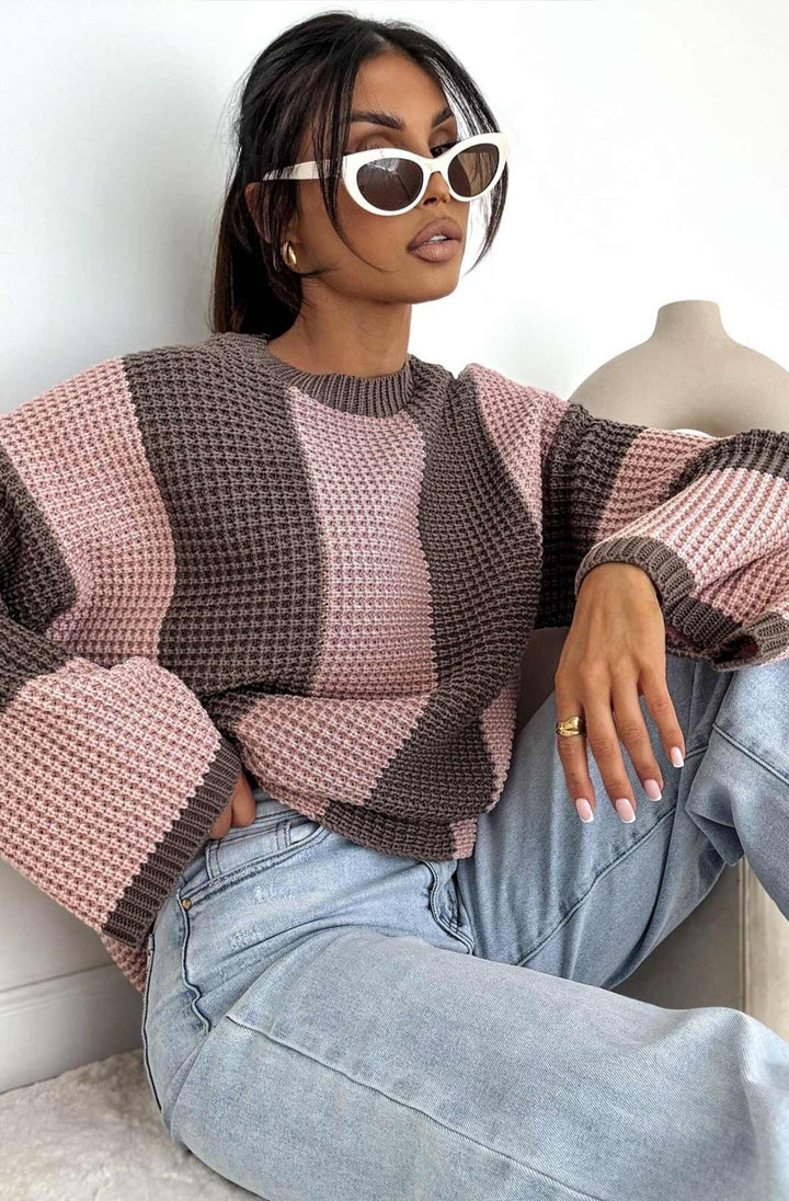 Reyana Striped Wide Sleeve Jumper-Dusty Pink