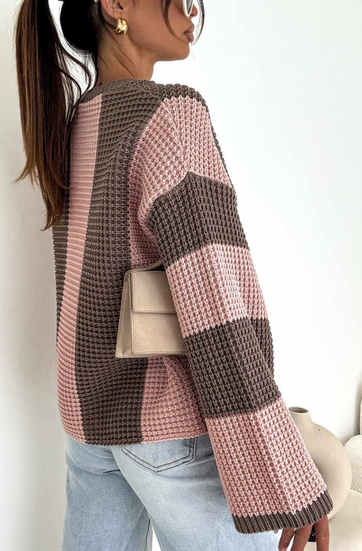 Reyana Striped Wide Sleeve Jumper-Dusty Pink