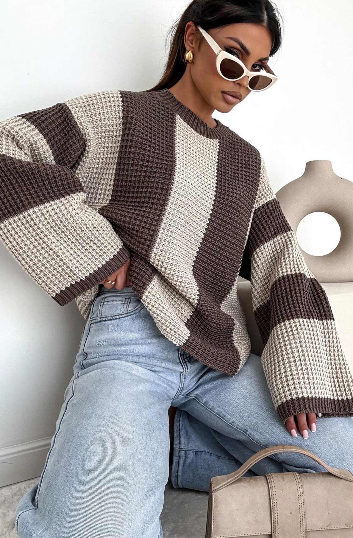 Reyana Striped Wide Sleeve Jumper-Stone