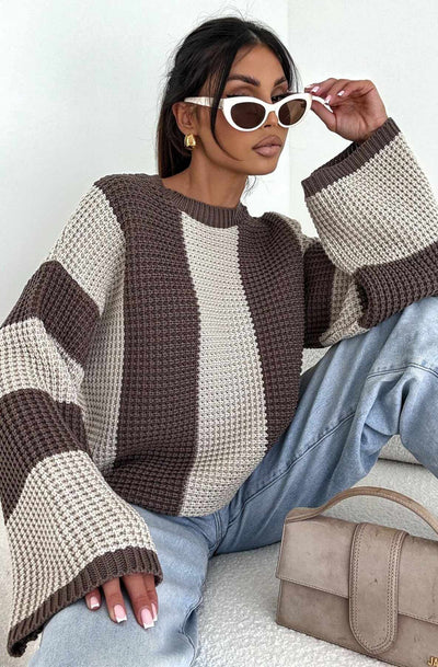 Reyana Striped Wide Sleeve Jumper-Stone