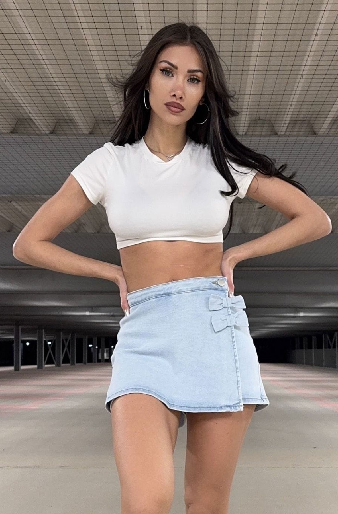 Riya Twin Bow Denim Mini Skort-Light Blue