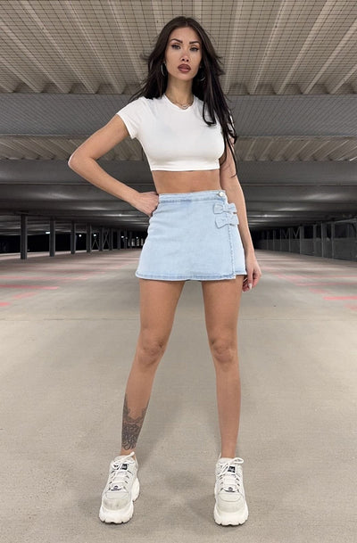Riya Twin Bow Denim Mini Skort-Light Blue