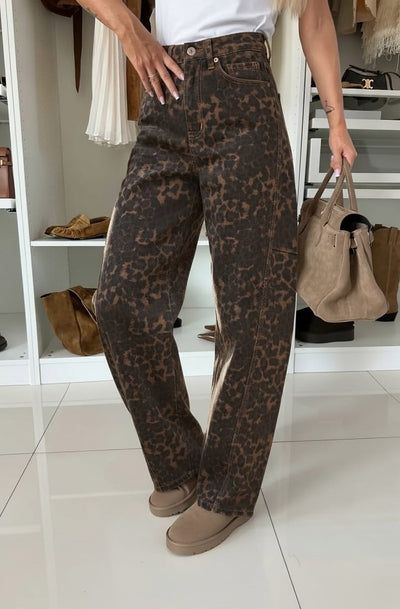 Rocco Leopard High Waisted Balloon Denim Jeans-Brown